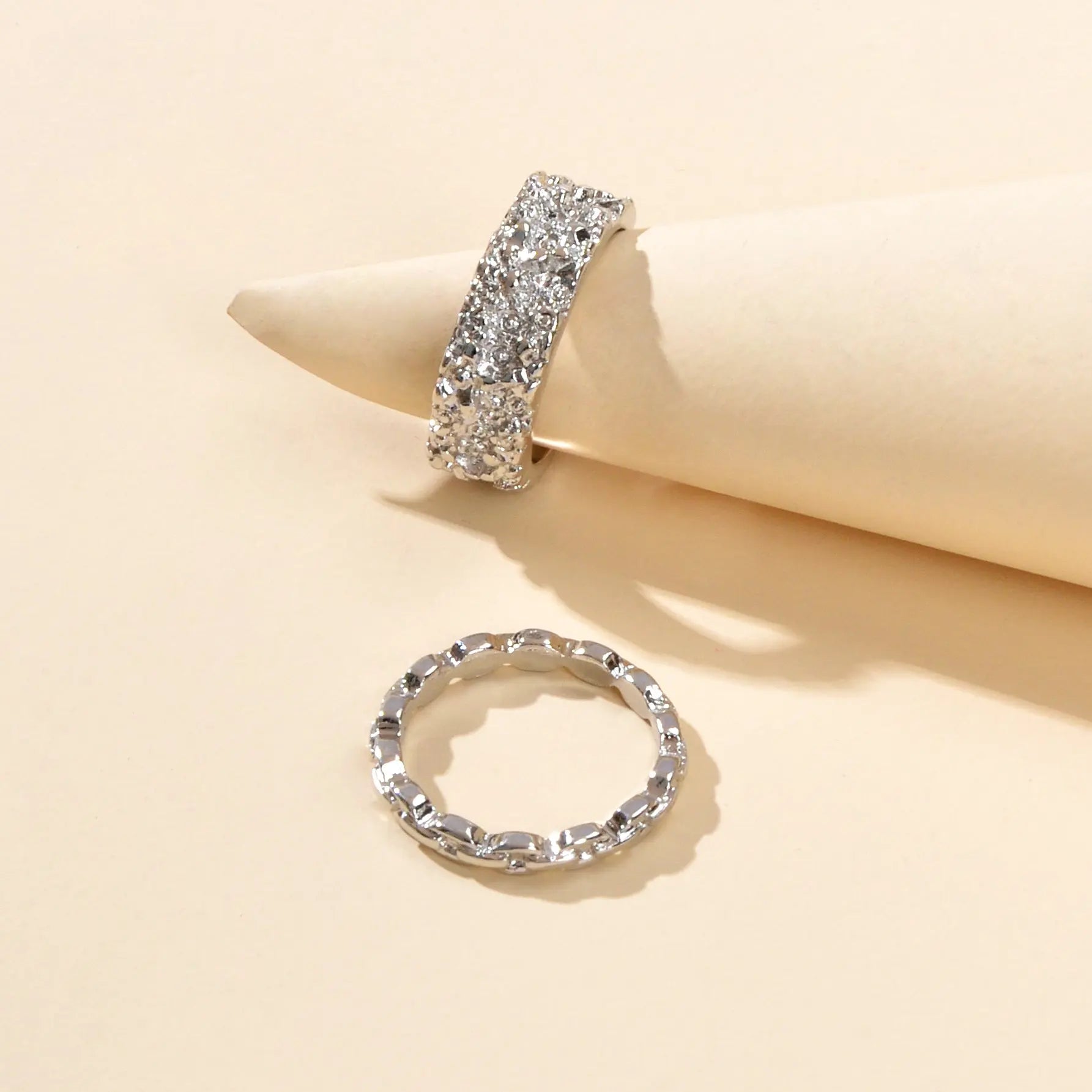 Trendy Jewellery Minimalist 2 pcs Gold Silver Stackable Multiple Finger Ring Set Feelontop Jewellery