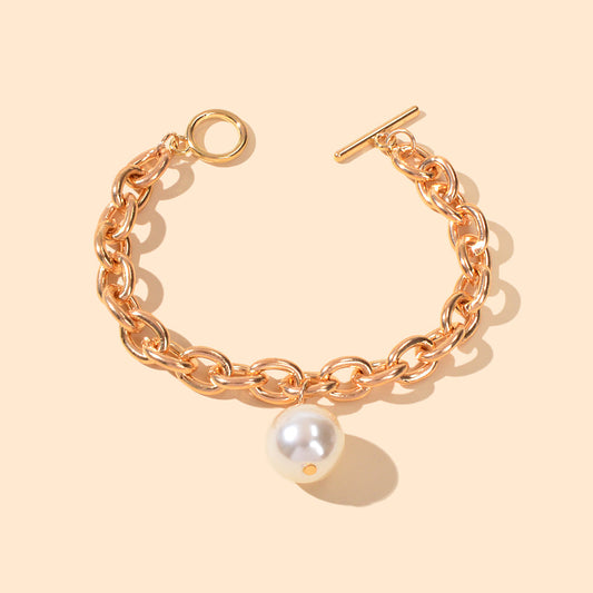 Punk Retro Pearl Beads Charm Crude Gold Link Bracelet Minimalist Ladies Jewelry Feelontop Jewellery