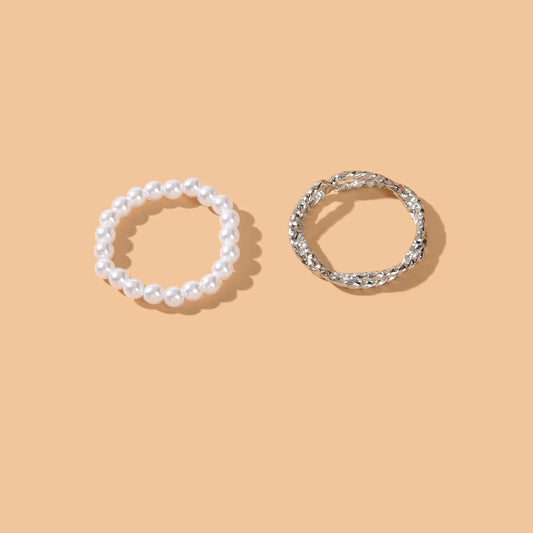 Retro Multiple 2 pcs Pearl Elastic Silver Metal Minimalist Stackable Rings Set Feelontop Jewellery