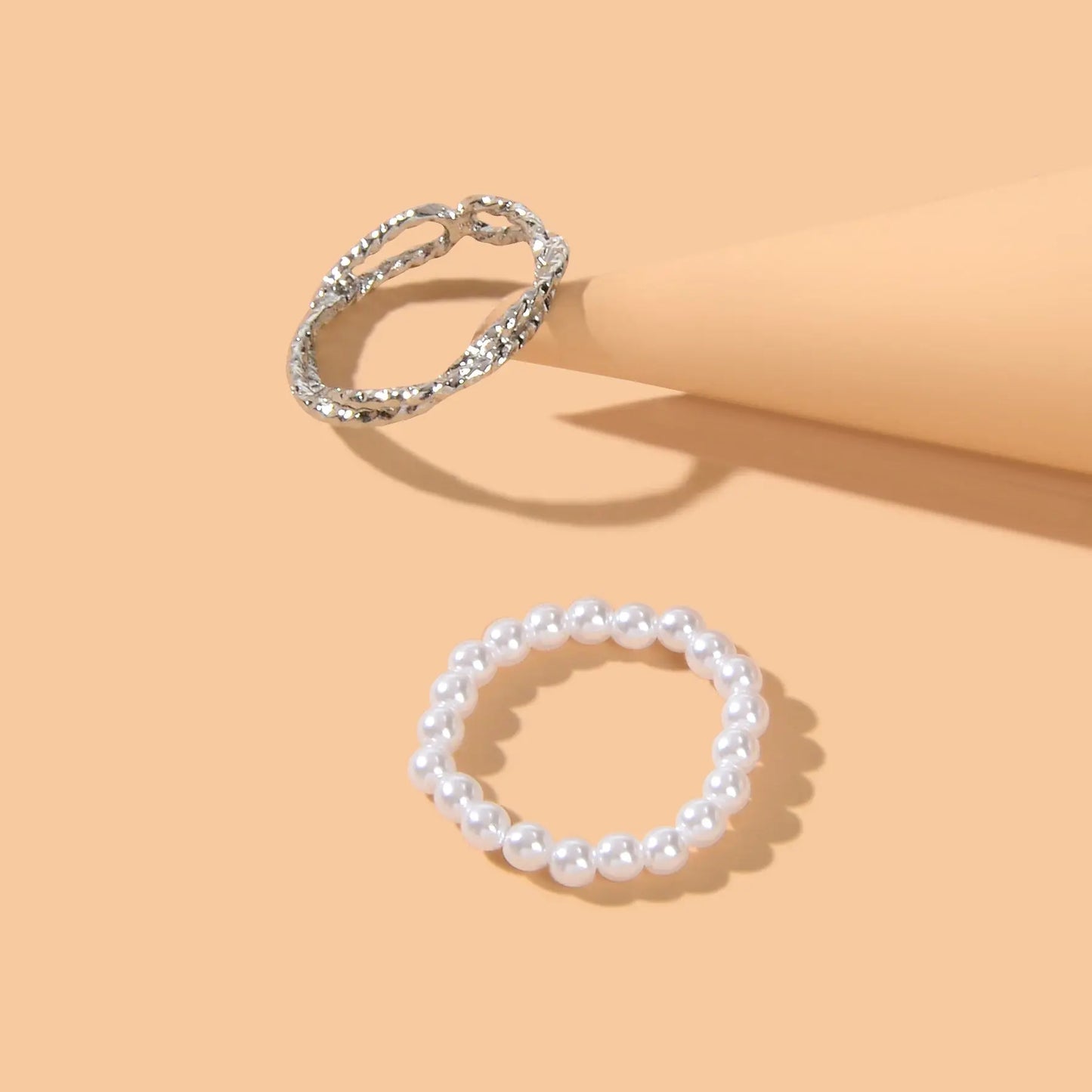 Retro Multiple 2 pcs Pearl Elastic Silver Metal Minimalist Stackable Rings Set Feelontop Jewellery