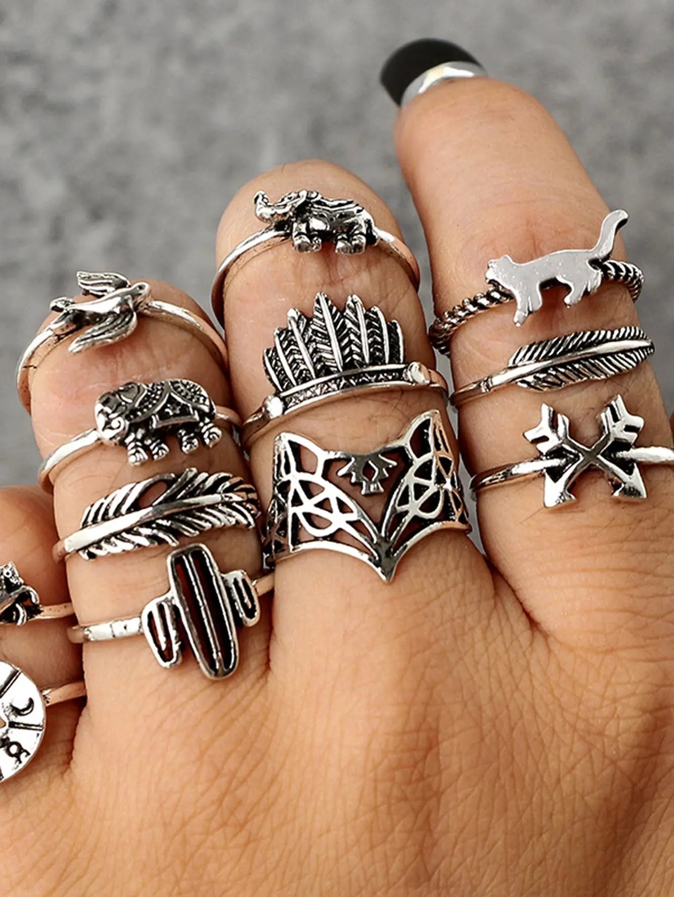 12 pcs Antique Silver Fox Bird Elephant Stackable Multiple Ring Set Jewellery Feelontop Jewellery