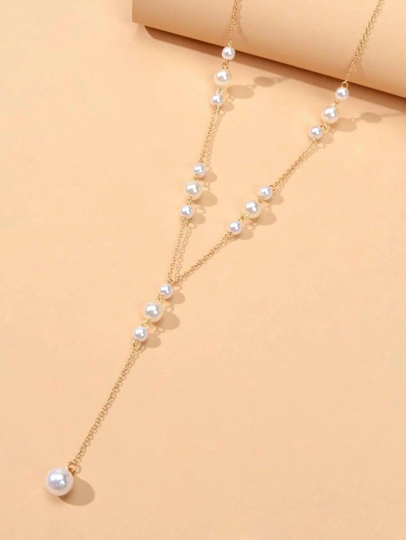 Pearl Decoration Long Gold Chain Y Shape Pendant Clavicle Necklace Teens Collar Feelontop Jewellery