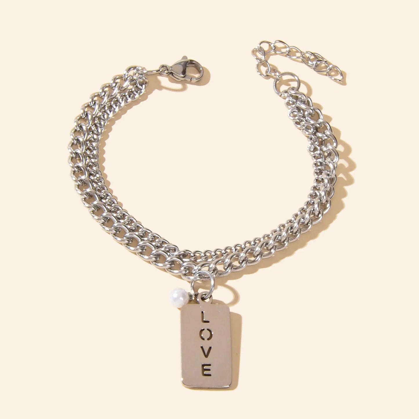 Layered Silver Chain Stainless Steel Rectangle Charm Letter LOVE Bracelet Feelontop Jewellery