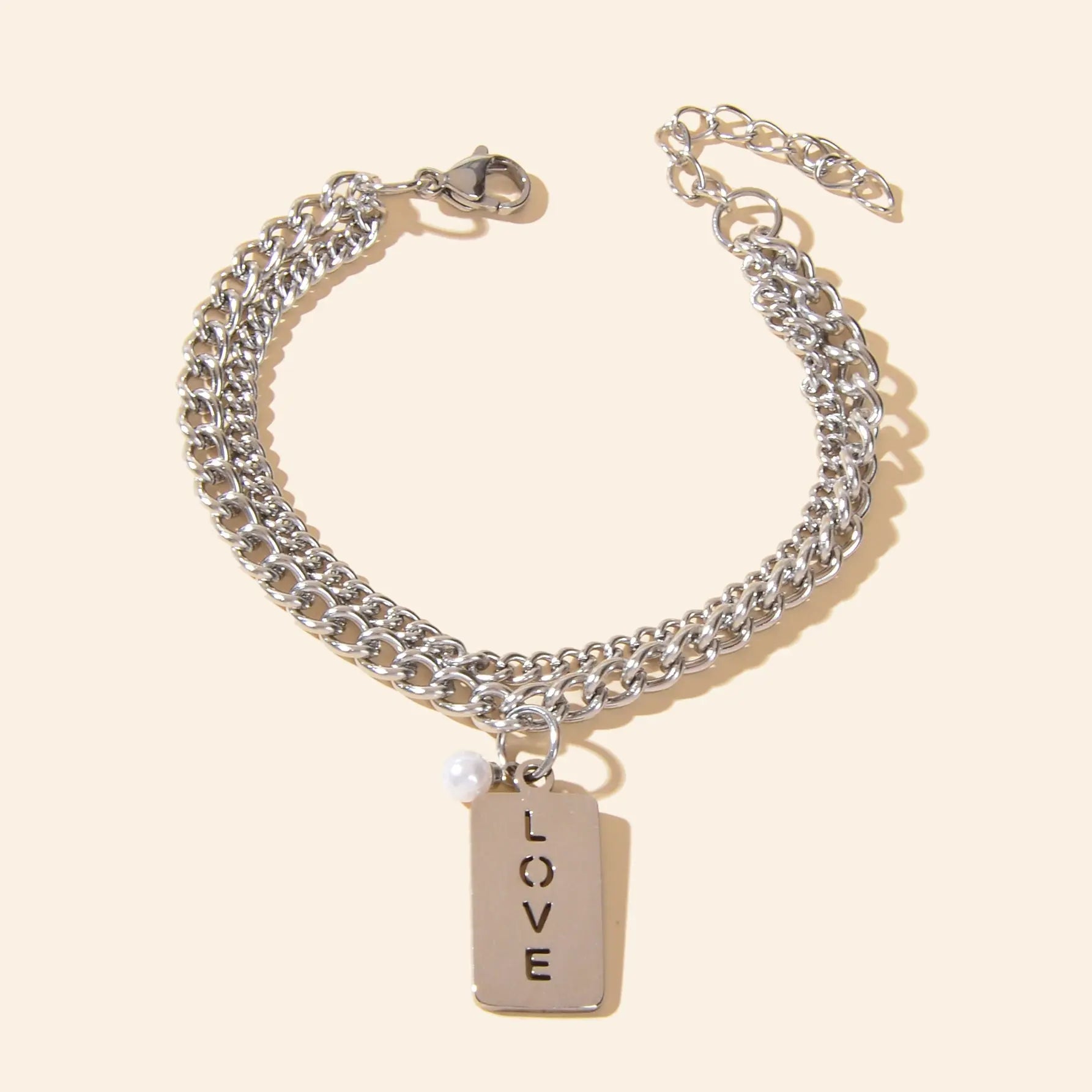 Layered Silver Chain Stainless Steel Rectangle Charm Letter LOVE Bracelet Feelontop Jewellery