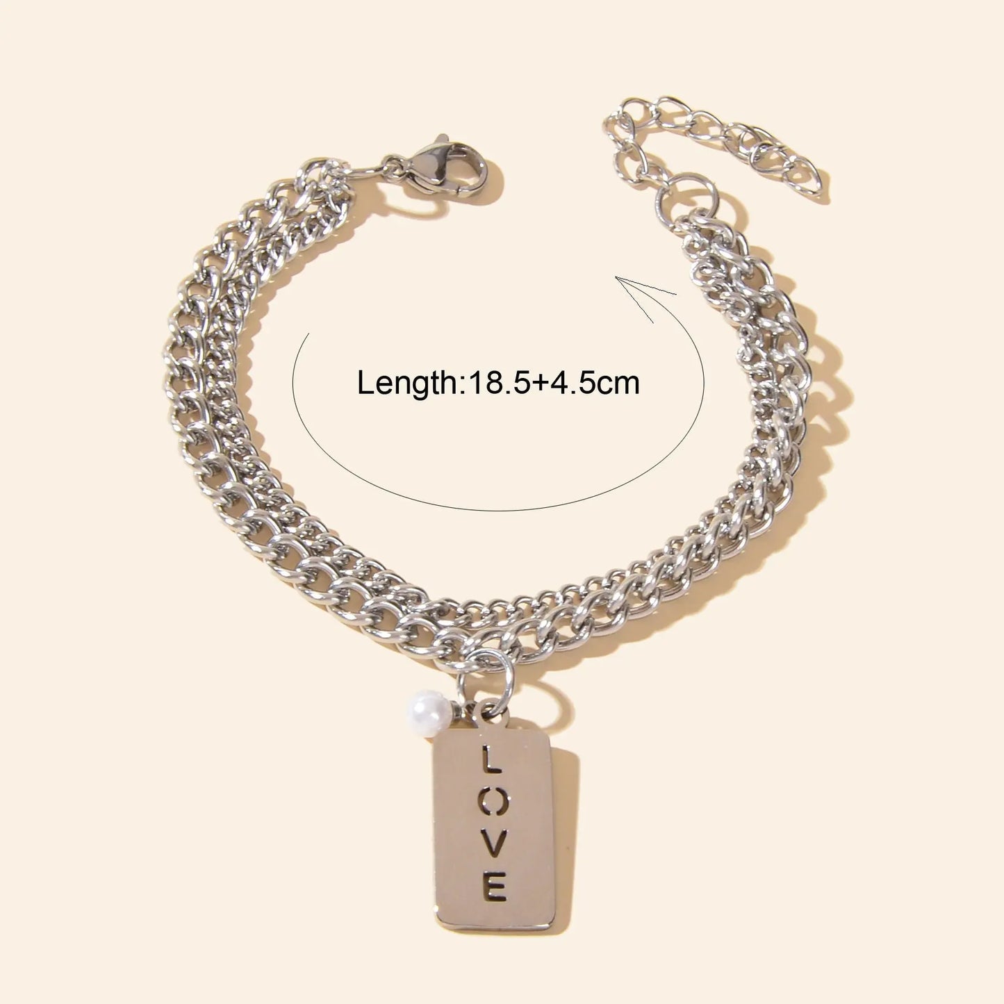 Layered Silver Chain Stainless Steel Rectangle Charm Letter LOVE Bracelet Feelontop Jewellery
