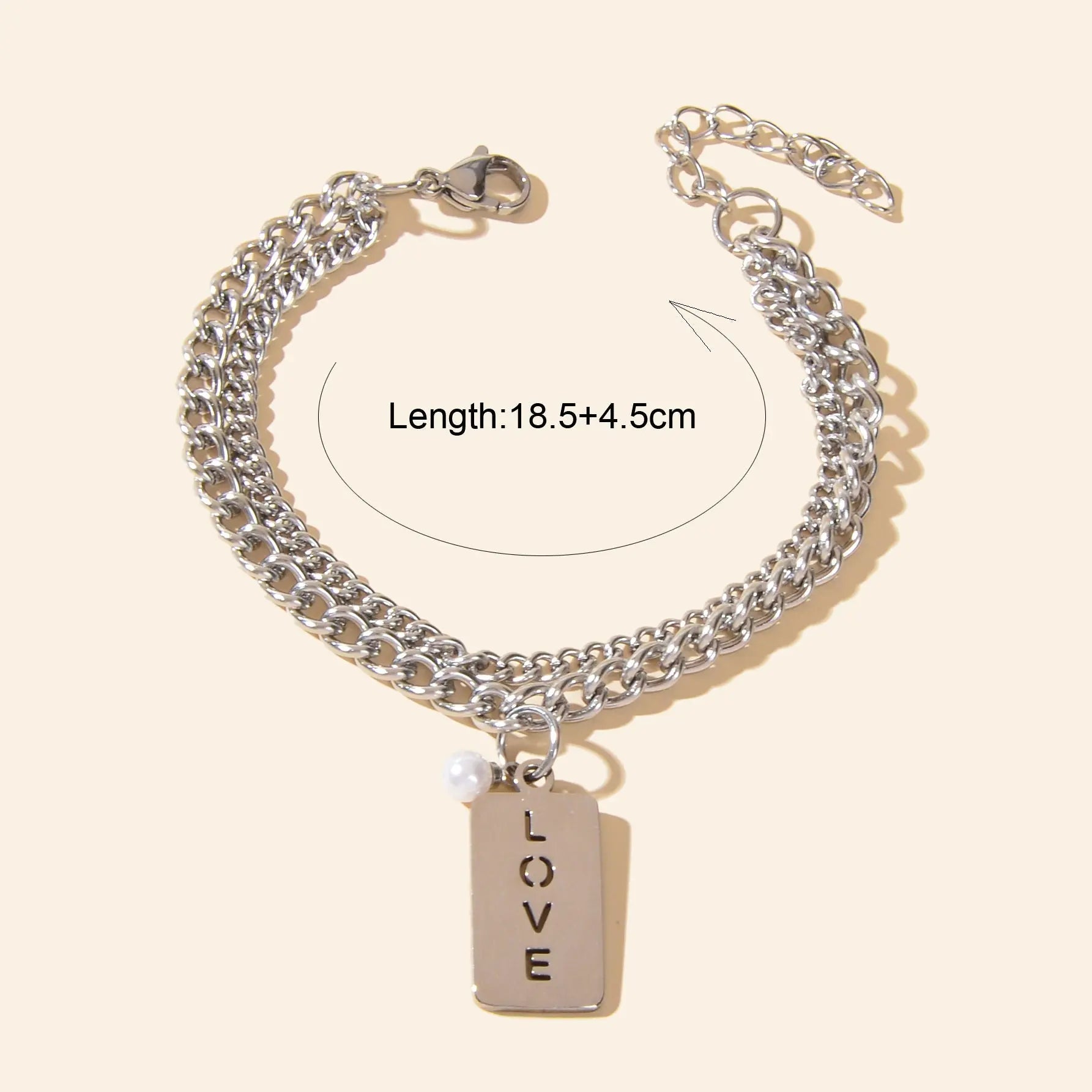 Layered Silver Chain Stainless Steel Rectangle Charm Letter LOVE Bracelet Feelontop Jewellery