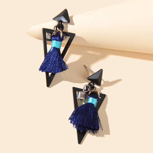 Black Triangle Blue Tassel Dangle Earrings Ethnic Traditional Jewellery Gift Feelontop Jewellery