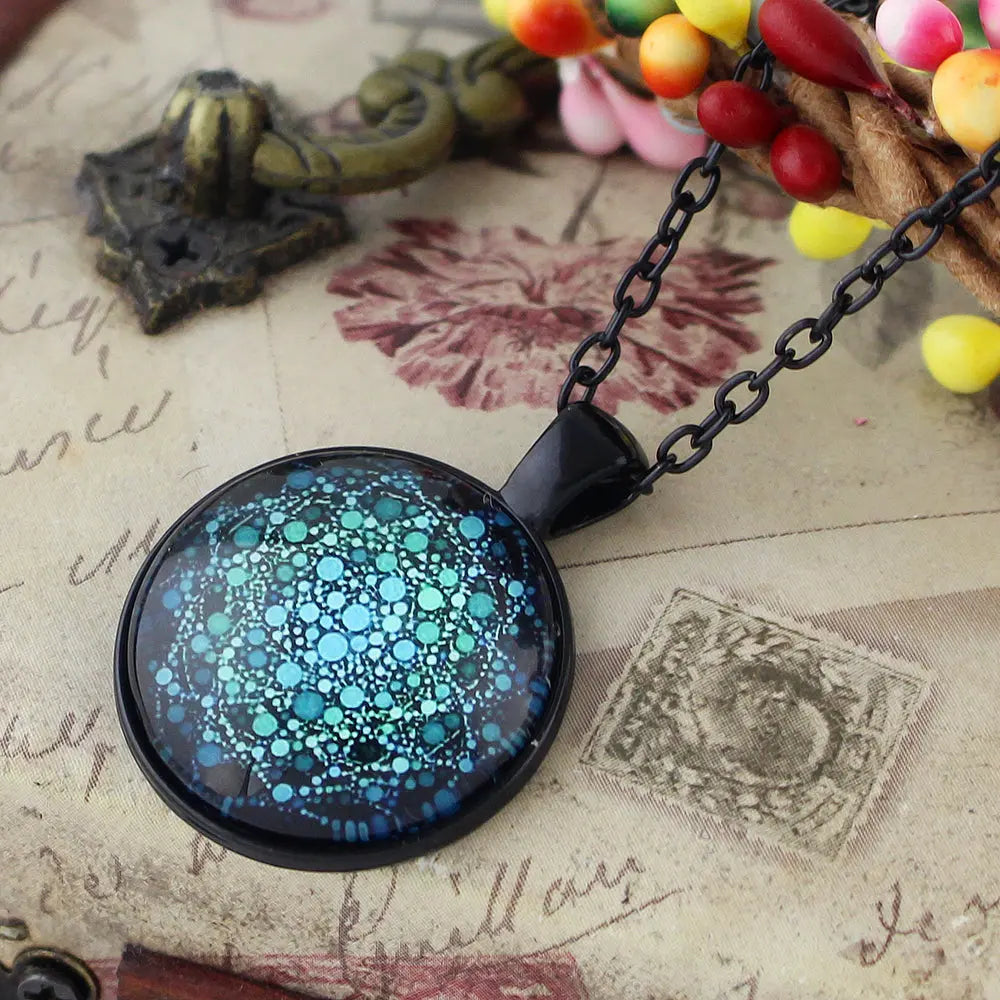 Gothic Black Chain Geometric Pattern Acrylic Round Ball Pendant Ethnic Necklace Feelontop Jewellery