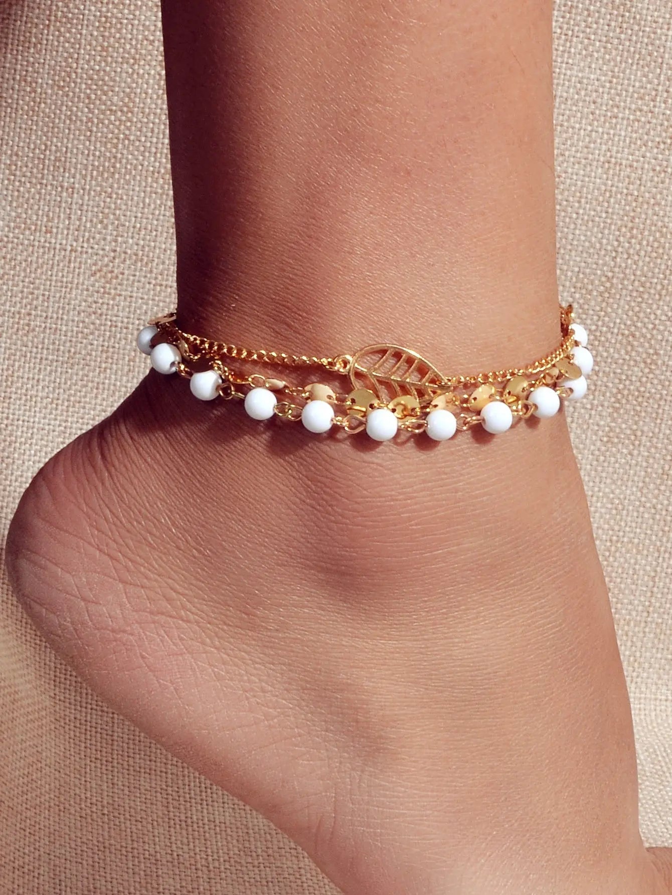 1 pc Foot Beach Jewellery Gold Silver Multi-layer Chain White Beads Leaf Anklet Feelontop Jewellery