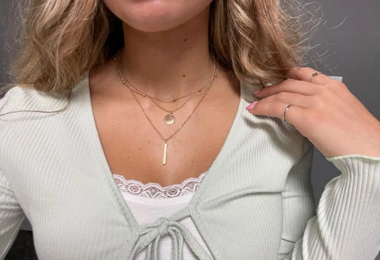 Boho Multi-Layer 3pcs Bar Disc Charm Metal Round Beads Chain Choker Necklace Feelontop Jewellery