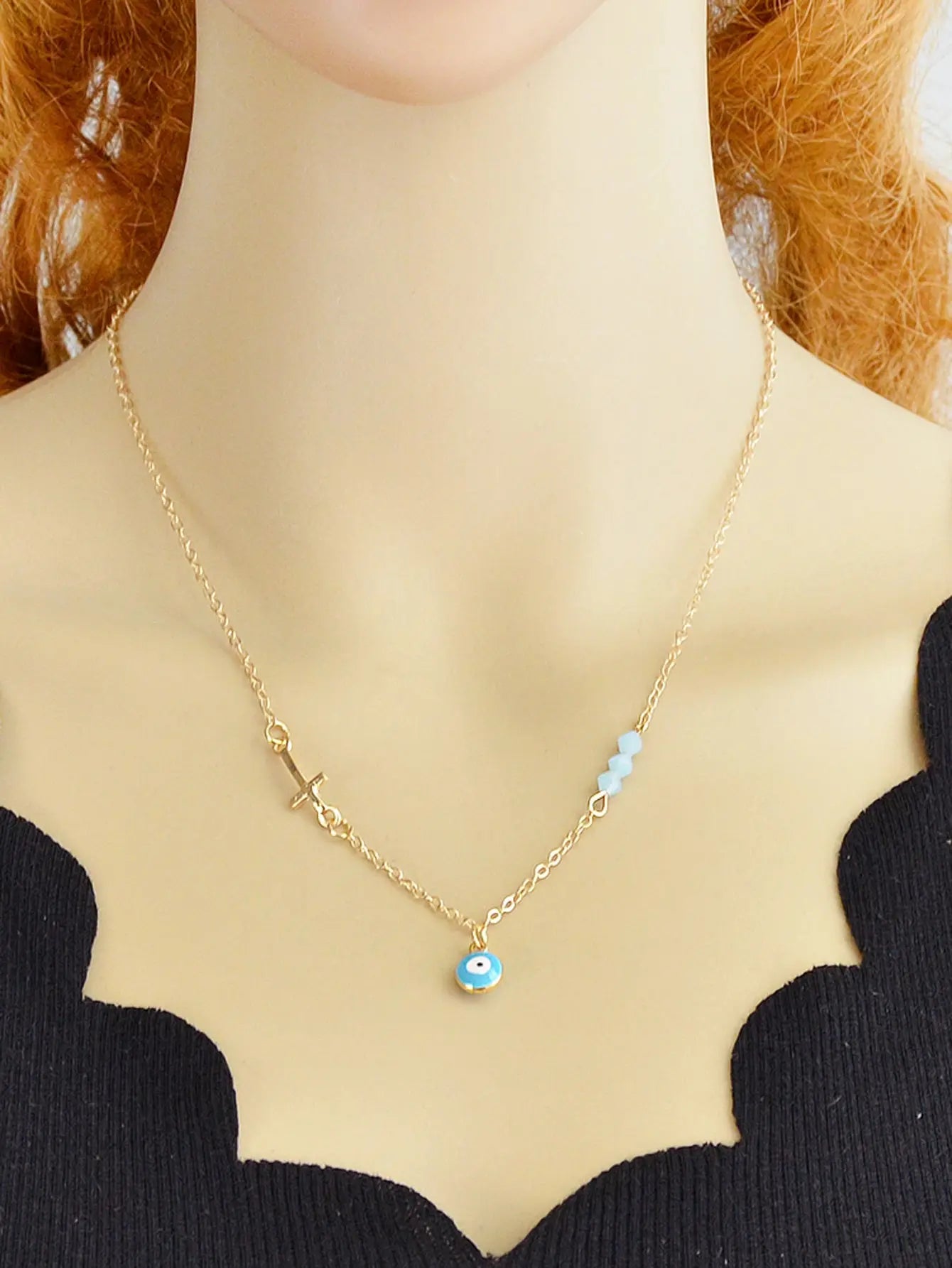 Boho Chic Chain Blue Beads Cross Round Eye Charm Necklace Girls Ethnic Jewellery Feelontop Jewellery