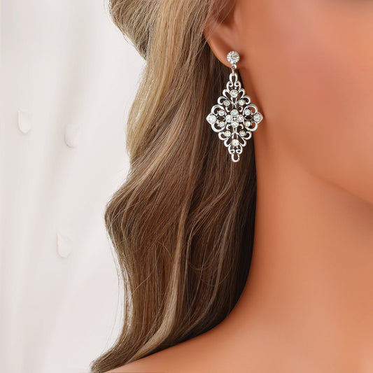 Vintage Rhinestone Decor Antique Silver Hollow Geometric Rhombus Dangle Earrings Feelontop Jewellery