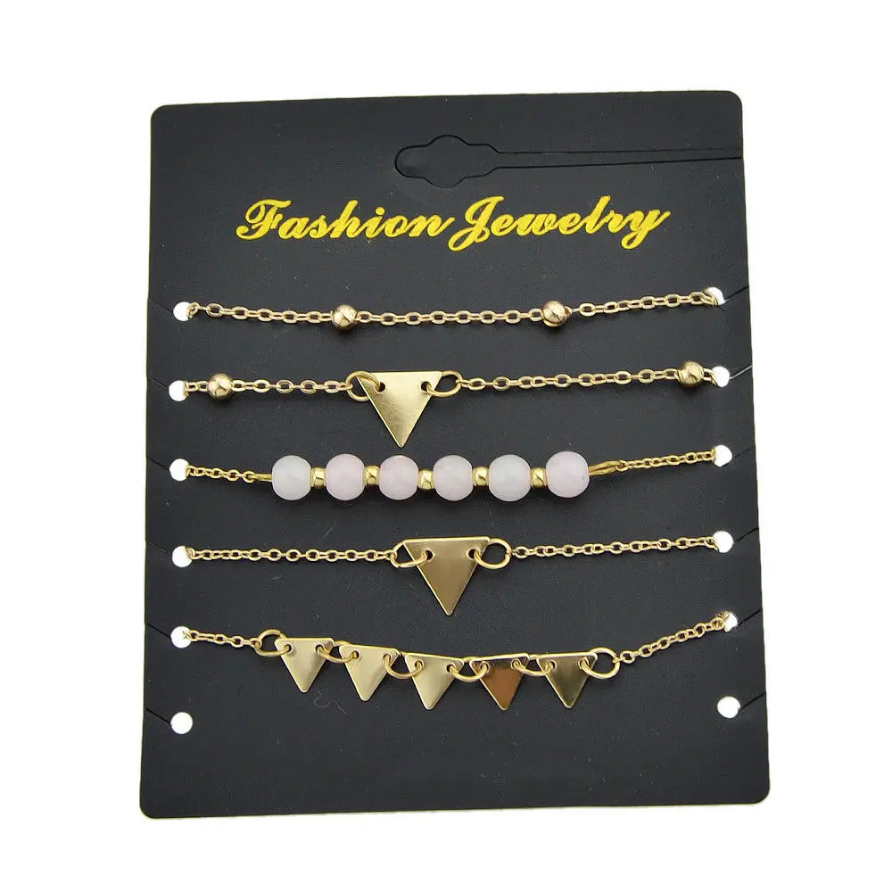 5pcs Gold Color Chain Pink Beads Triangle Decor Bracelet set Boho Chic Jewellery Feelontop Jewellery