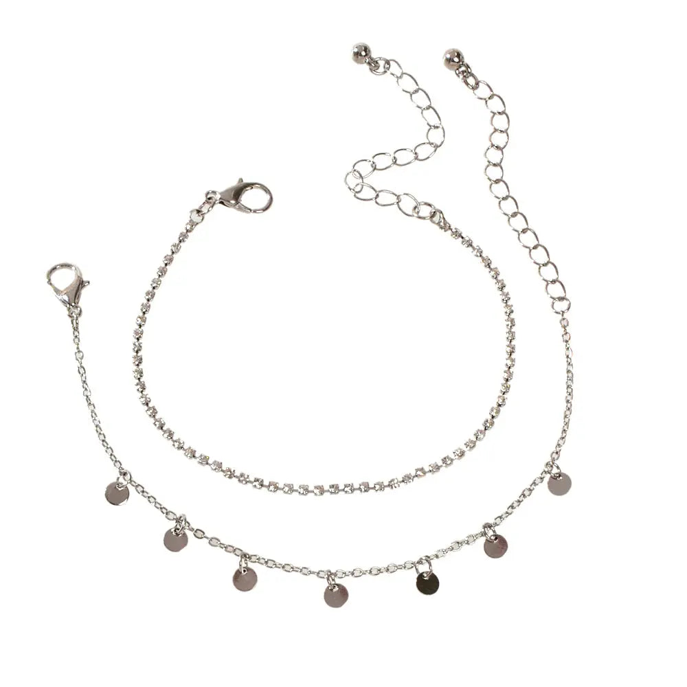 2pcs Women Rhinestone Gold Silver Chain Disc Charm Bracelet Fashion Accessories Feelontop Jewellery