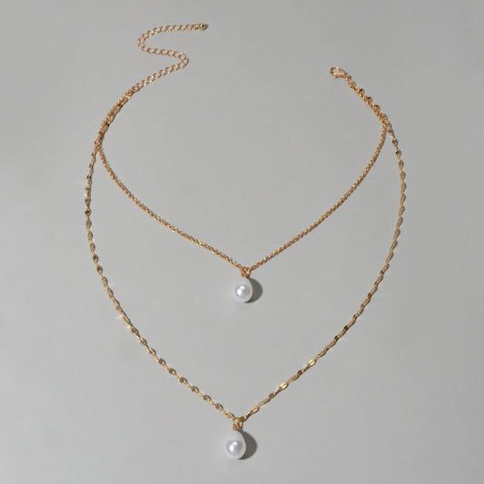 Fashion Double-layer Gold Chain Imitation Pearl Pendant Necklace Gift Jewelry Feelontop Jewellery