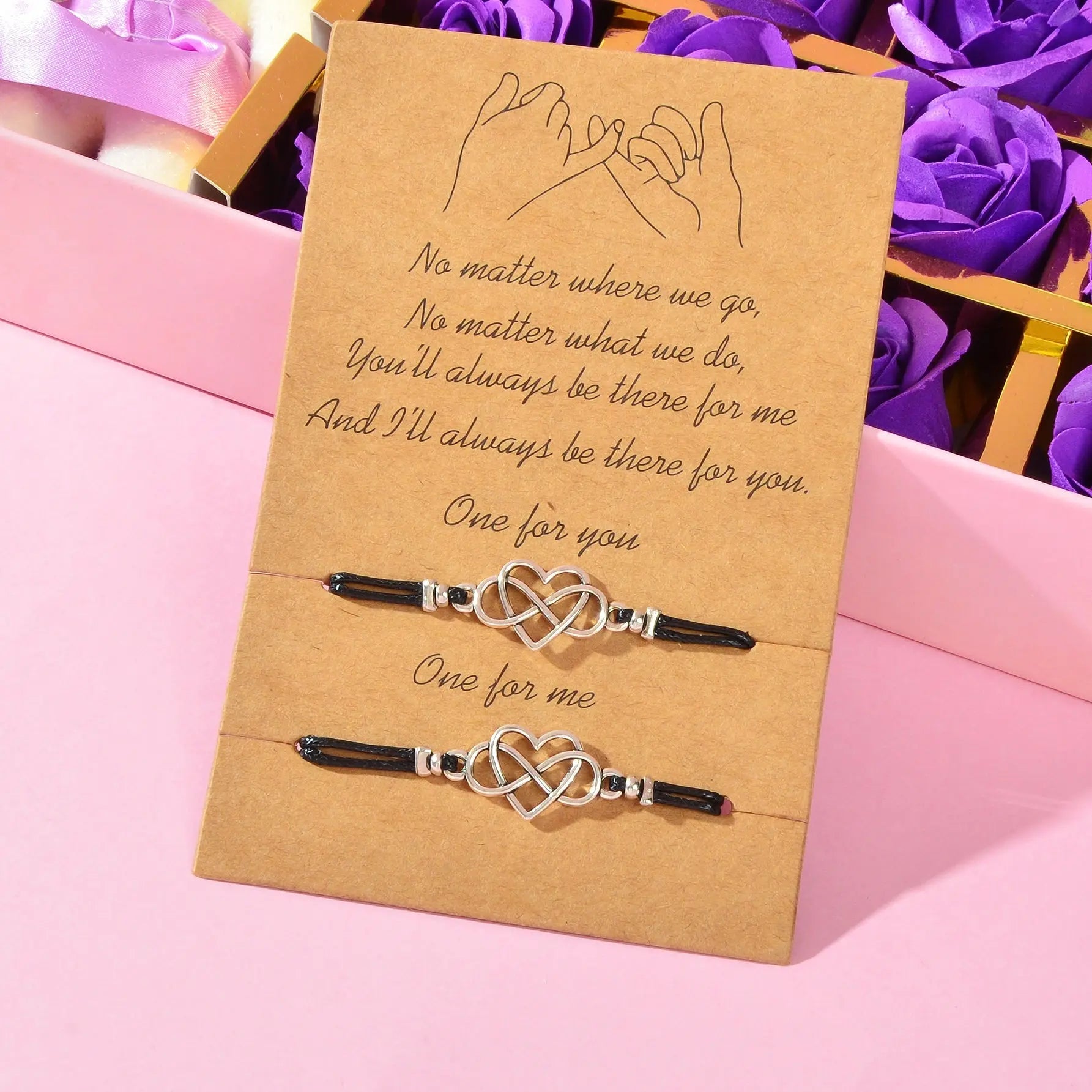 2 pcs Double layer Black Adjustable Rope Heart Charm Friendship Bracelets set Feelontop Jewellery