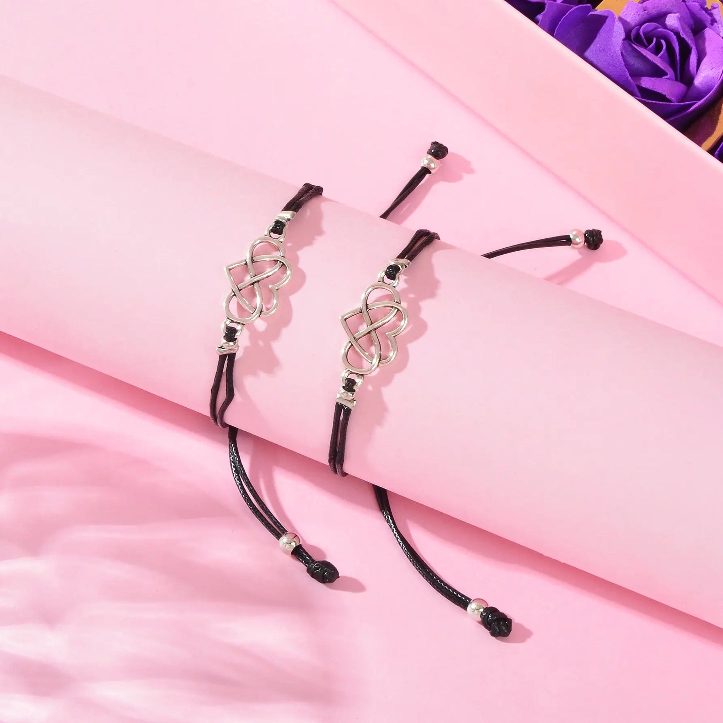 2 pcs Double layer Black Adjustable Rope Heart Charm Friendship Bracelets set Feelontop Jewellery