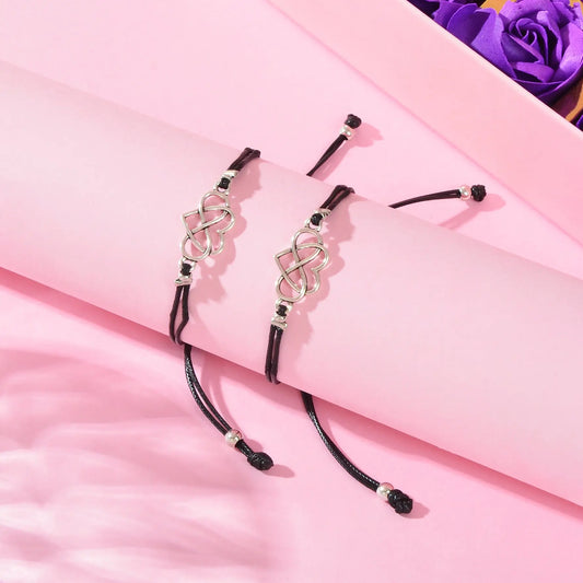2 pcs Double layer Black Adjustable Rope Heart Charm Friendship Bracelets set Feelontop Jewellery