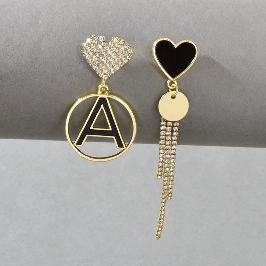 Asymmetrical Design Rhinestone Tassel Heart Circle Letter A Disc Charm Earrings Feelontop Jewellery