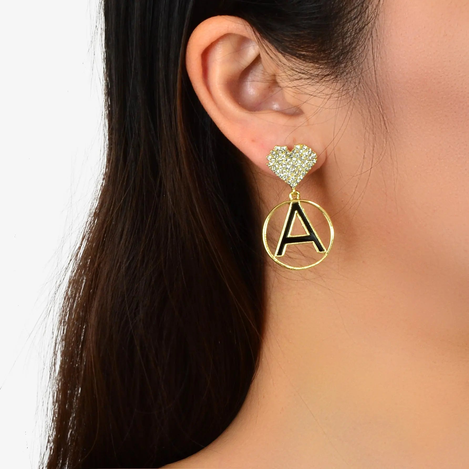 Asymmetrical Design Rhinestone Tassel Heart Circle Letter A Disc Charm Earrings Feelontop Jewellery