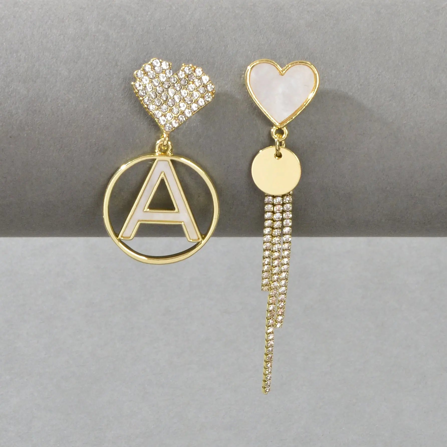 Asymmetrical Design Rhinestone Tassel Heart Circle Letter A Disc Charm Earrings Feelontop Jewellery