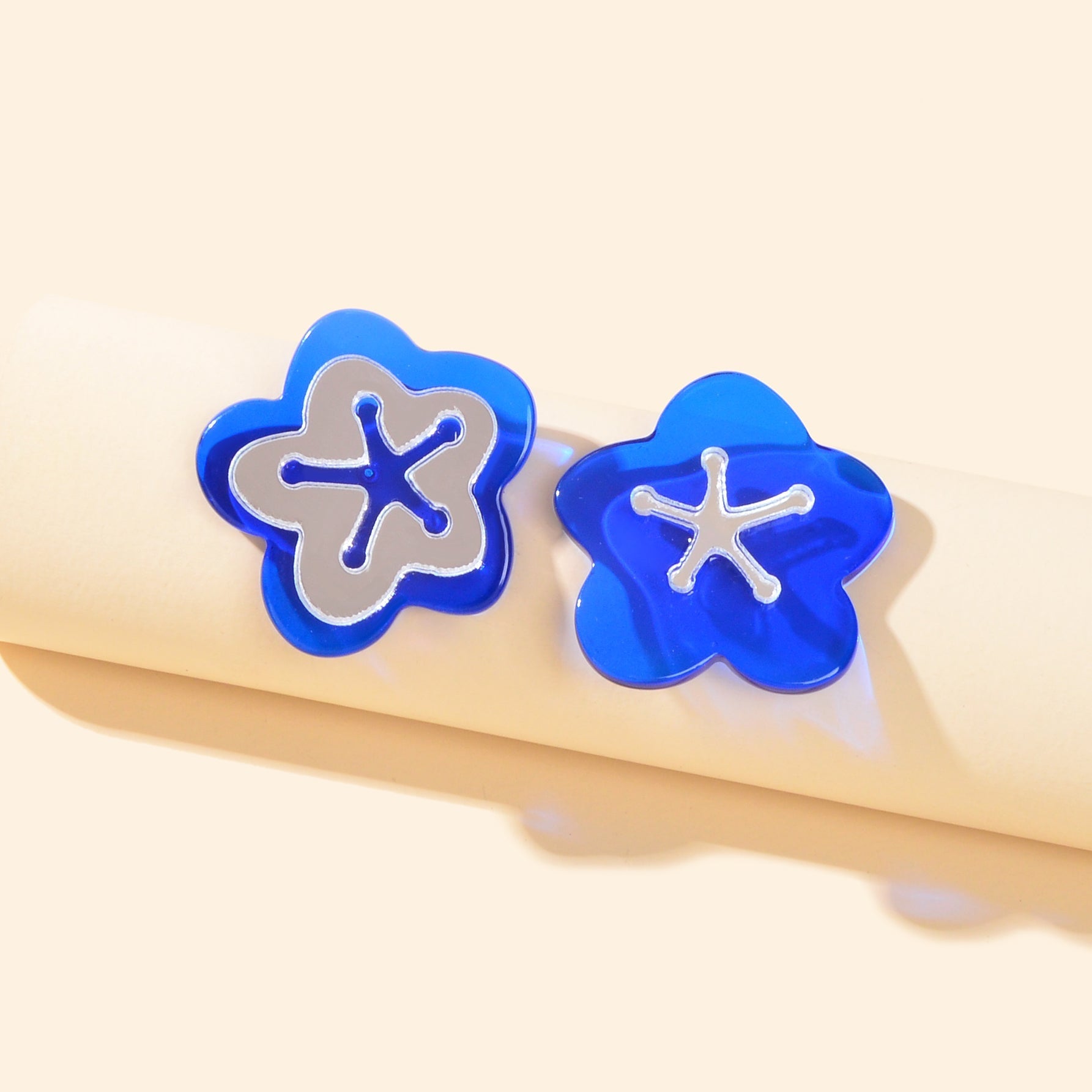 Blue Resin Asymmetrical Flower Stud Ladies Hypoallergenic Pierced Earrings Gift Feelontop Jewellery