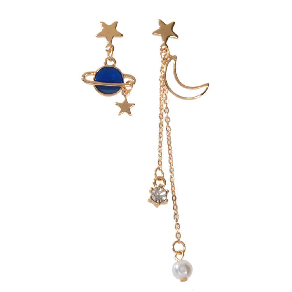 Asymmetric Pearl Rhinestone Decor Long Chain Star Moon Planet Dangle Earrings Feelontop Jewellery