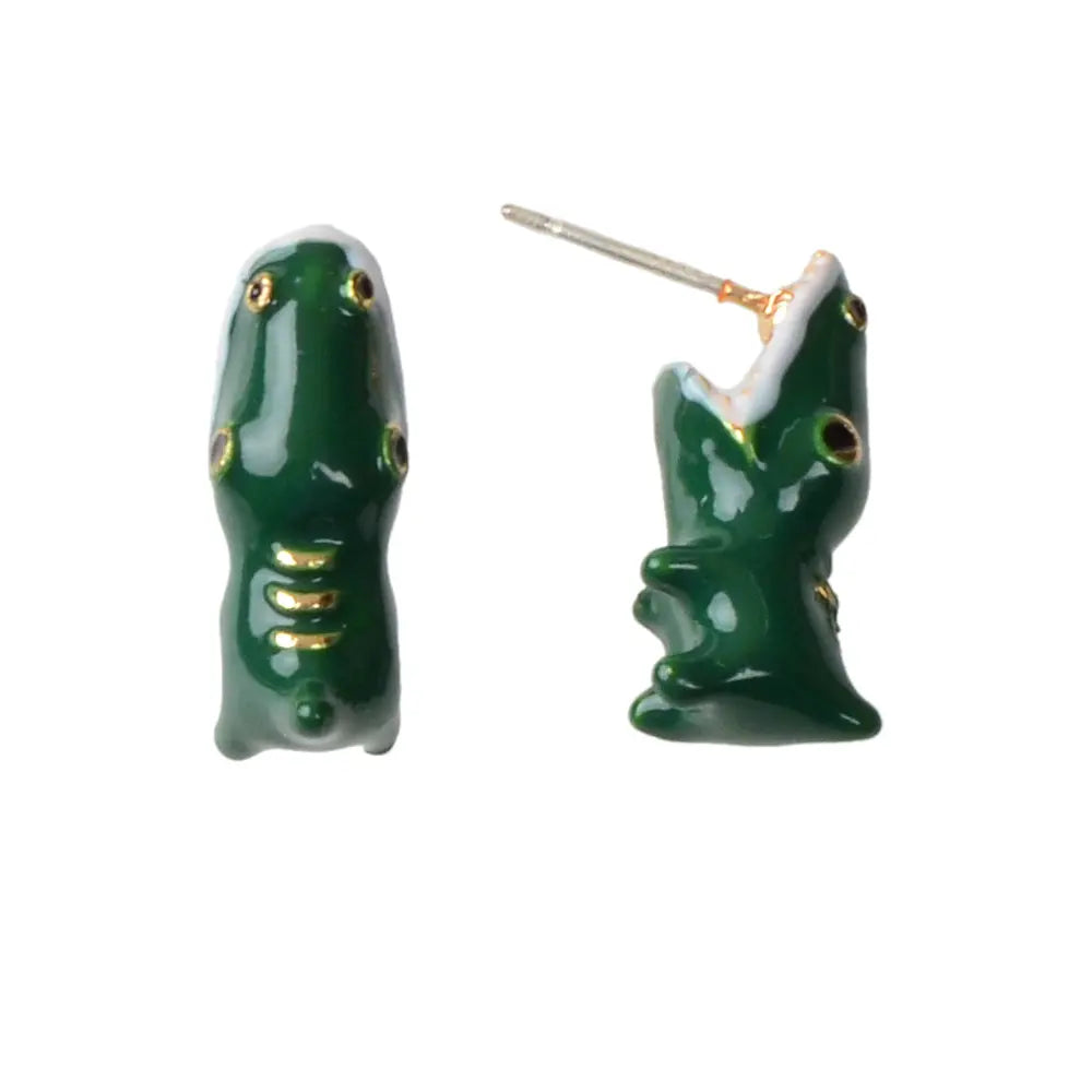 Punk Rock Jewelry Green Enamel Crocodile Head Statement Stud Earrings Teens Gift Feelontop Jewellery