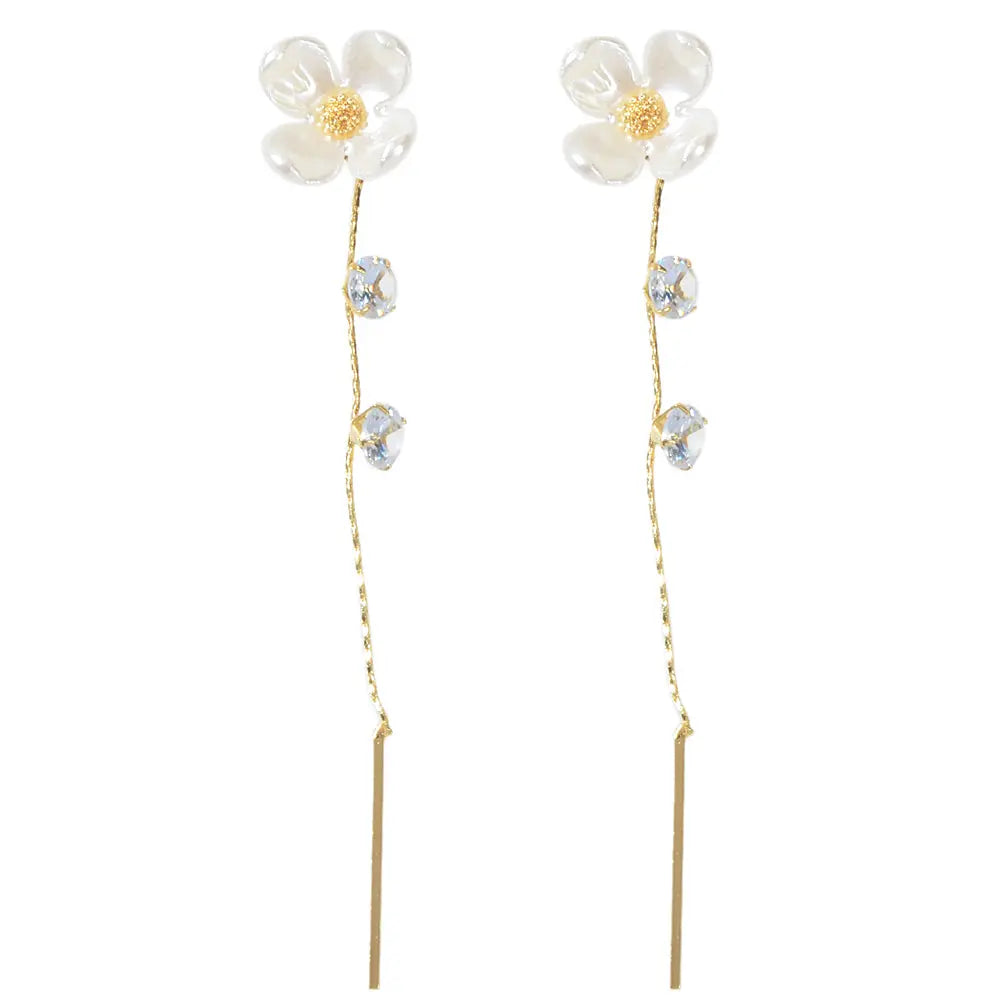 Designer Jewellery Rhinestone White Flower Long Chain Bar Charm Dangle Earrings Feelontop Jewellery