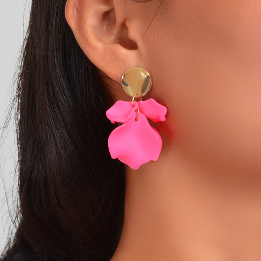 Romantic Gold Disc Decor Hot Pink Flower Petal Stud Earrings Women Jewelry Gift Feelontop Jewellery