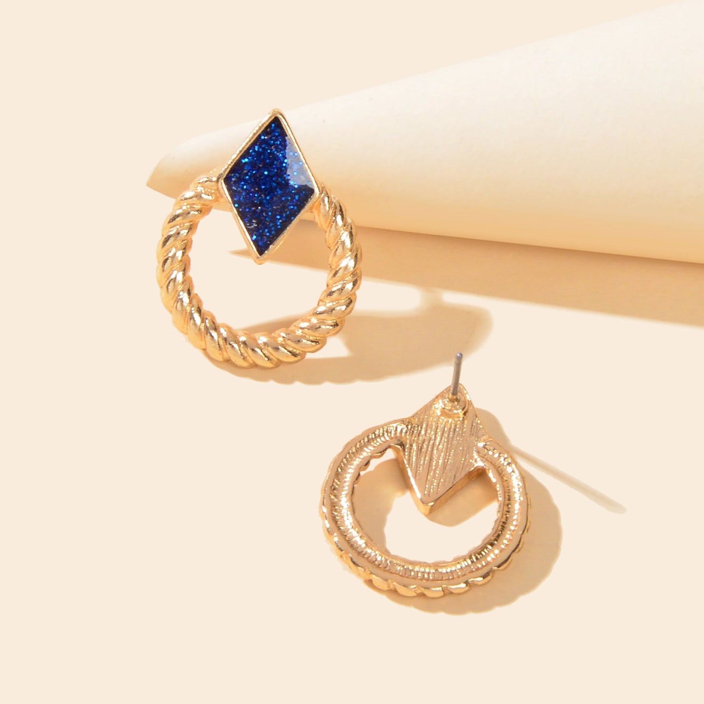 Designer Stylish Jewellery Gold Circle Blue Enamel Rhombus Stud Female Earrings Feelontop Jewellery