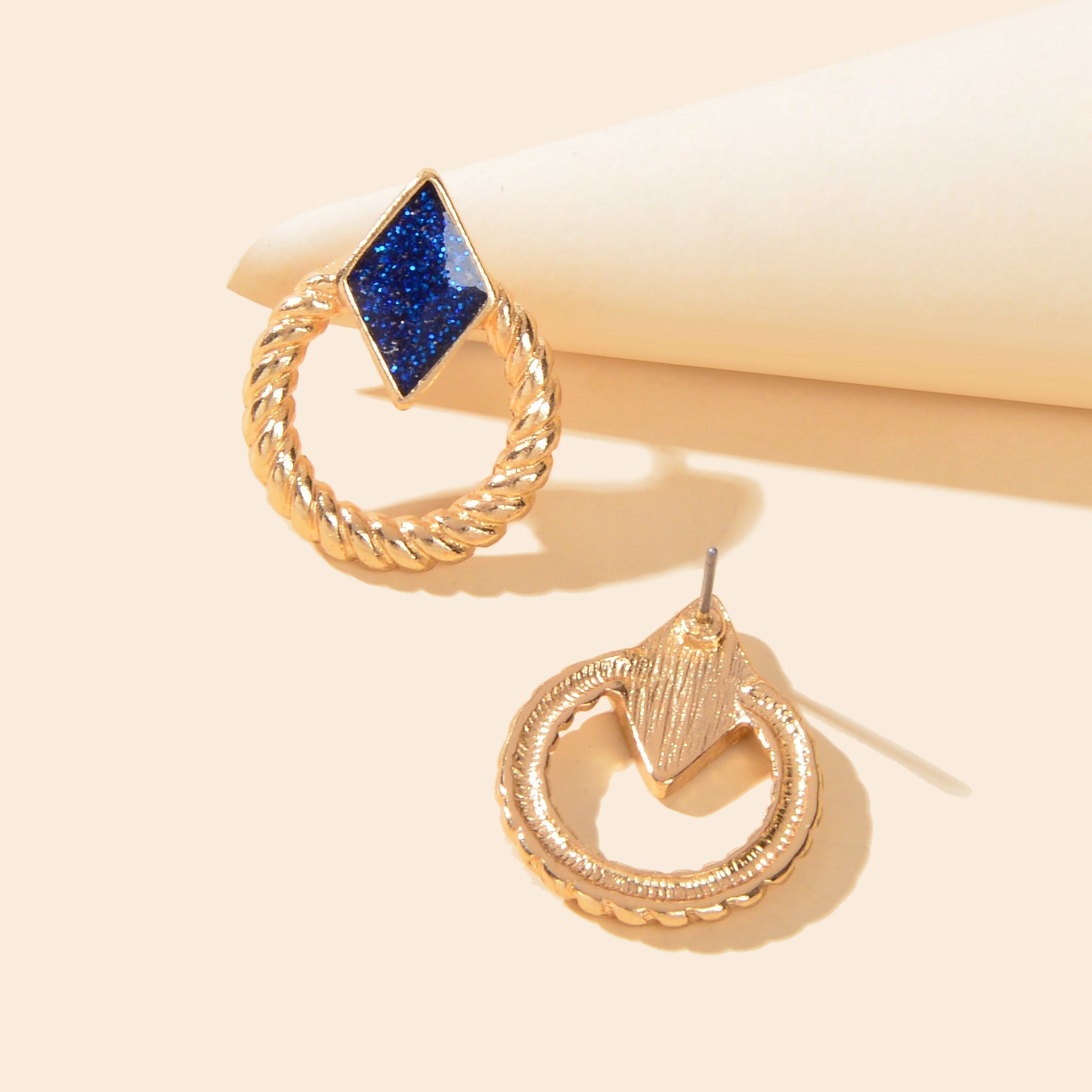 Designer Stylish Jewellery Gold Circle Blue Enamel Rhombus Stud Female Earrings Feelontop Jewellery