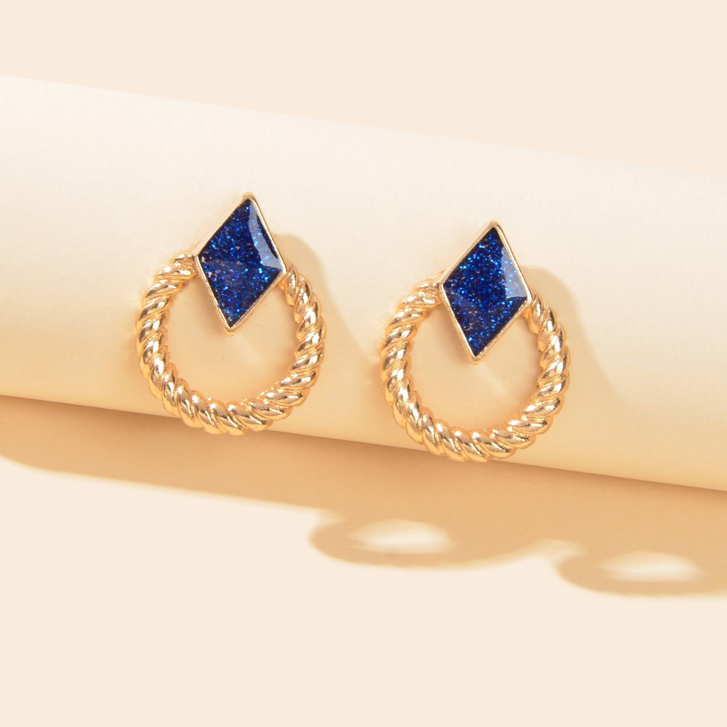 Designer Stylish Jewellery Gold Circle Blue Enamel Rhombus Stud Female Earrings Feelontop Jewellery