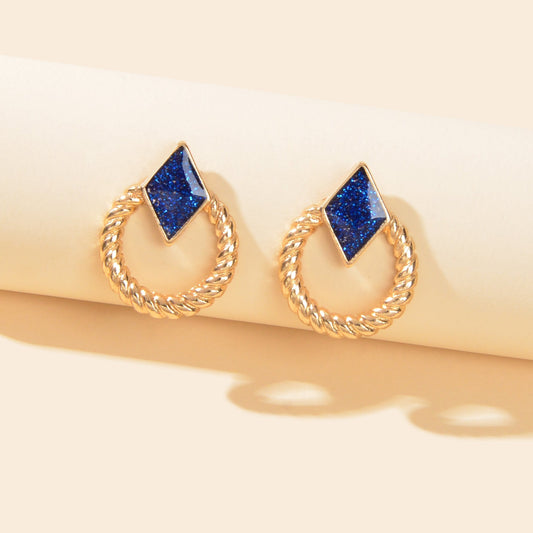 Designer Stylish Jewellery Gold Circle Blue Enamel Rhombus Stud Female Earrings Feelontop Jewellery
