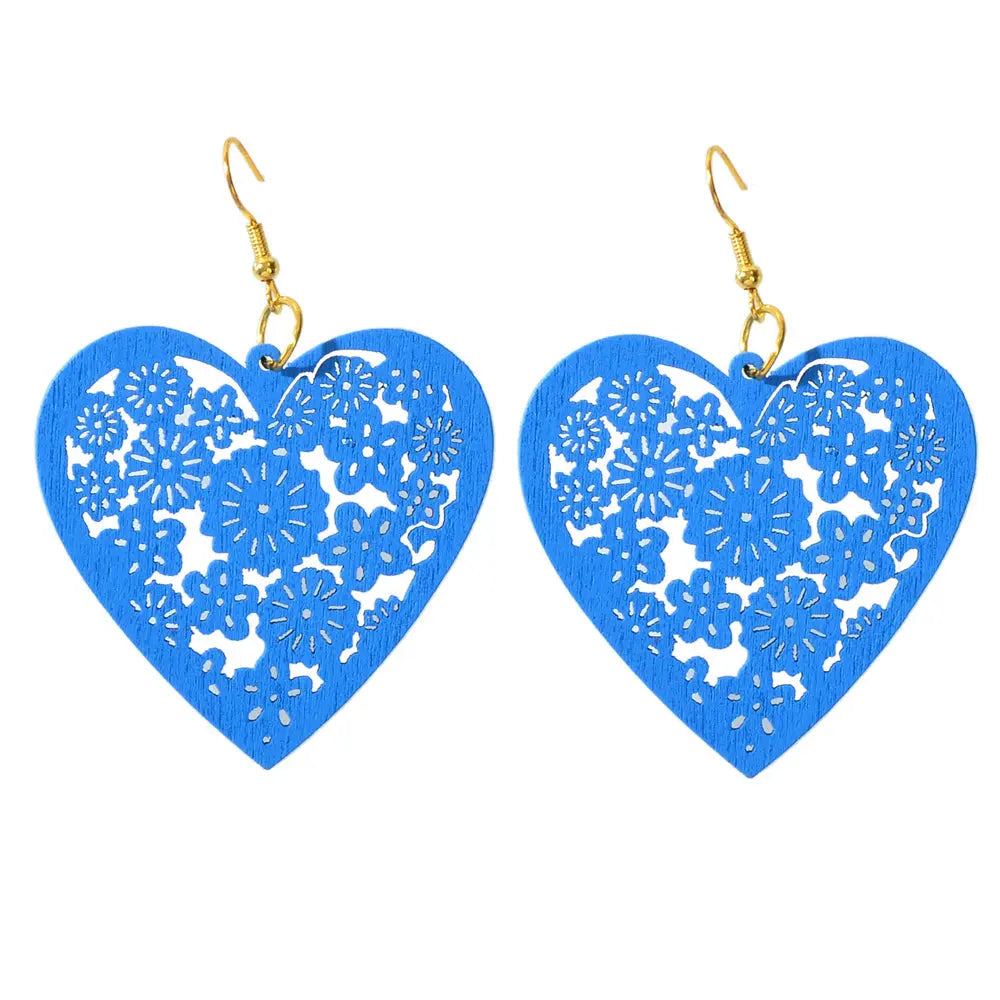 Nice Collection Colorful Wood Flower Pattern Hollow Heart Dangle Ladies Earrings Feelontop Jewellery