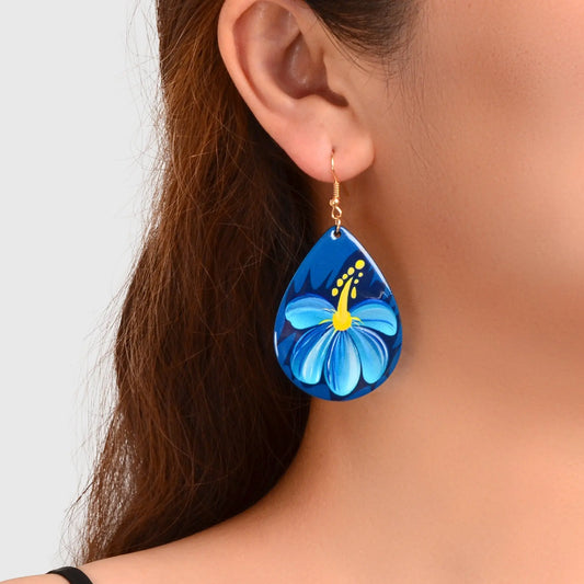Bohemian Jewellery Flower Pattern Blue Water Drop Acrylic Trendy Women Earrings Feelontop Jewellery