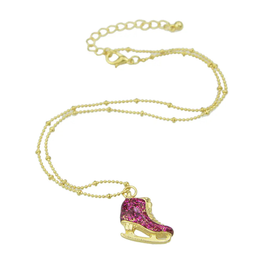 Funny Gift for Women Gold Popcorn Chain Hotpink Ice Skate Shoes Pendant Necklace-4