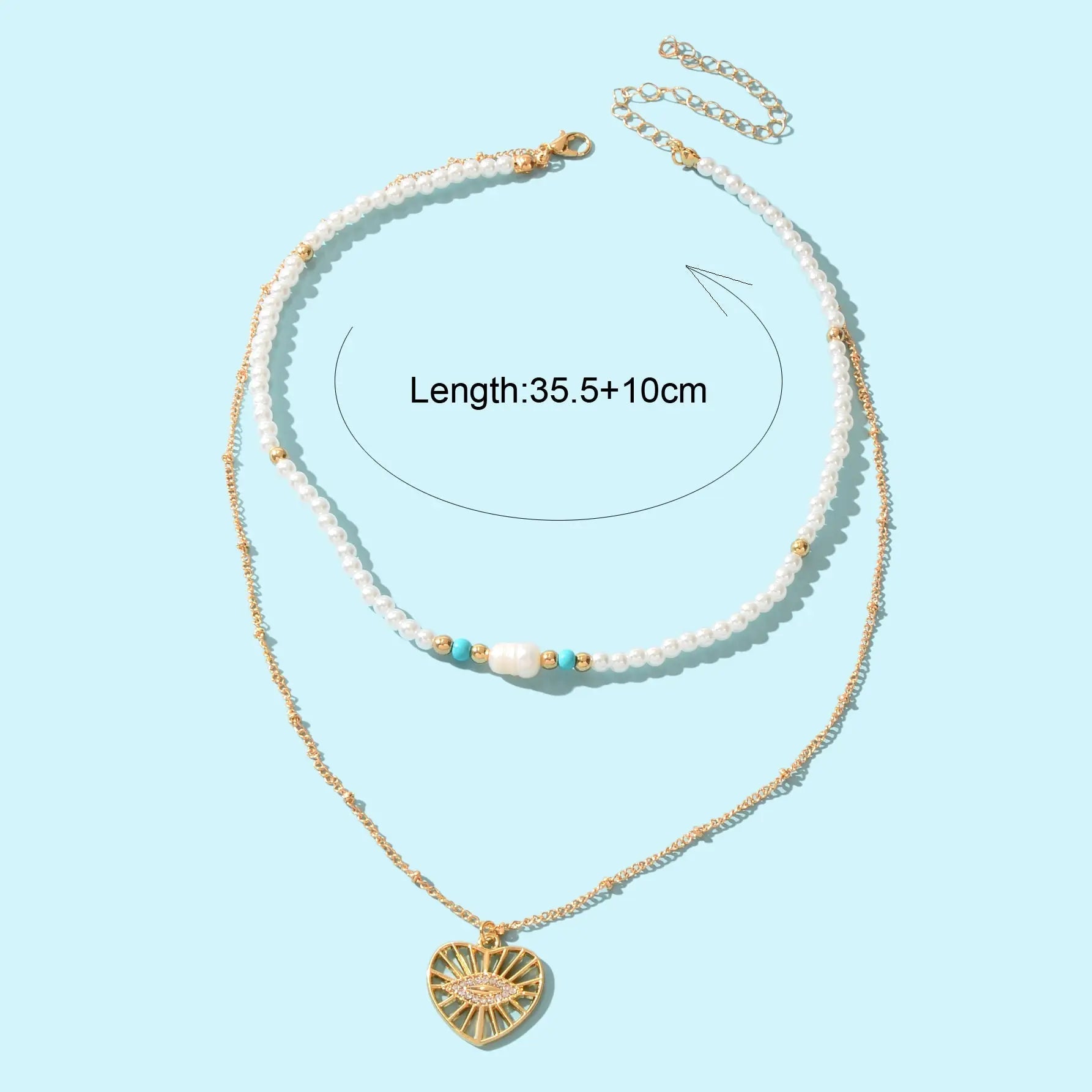 Boho Chic Layered Gold Pearl Beaded Chain Eye Hollow Gold Heart Pendant Necklace Feelontop Jewellery