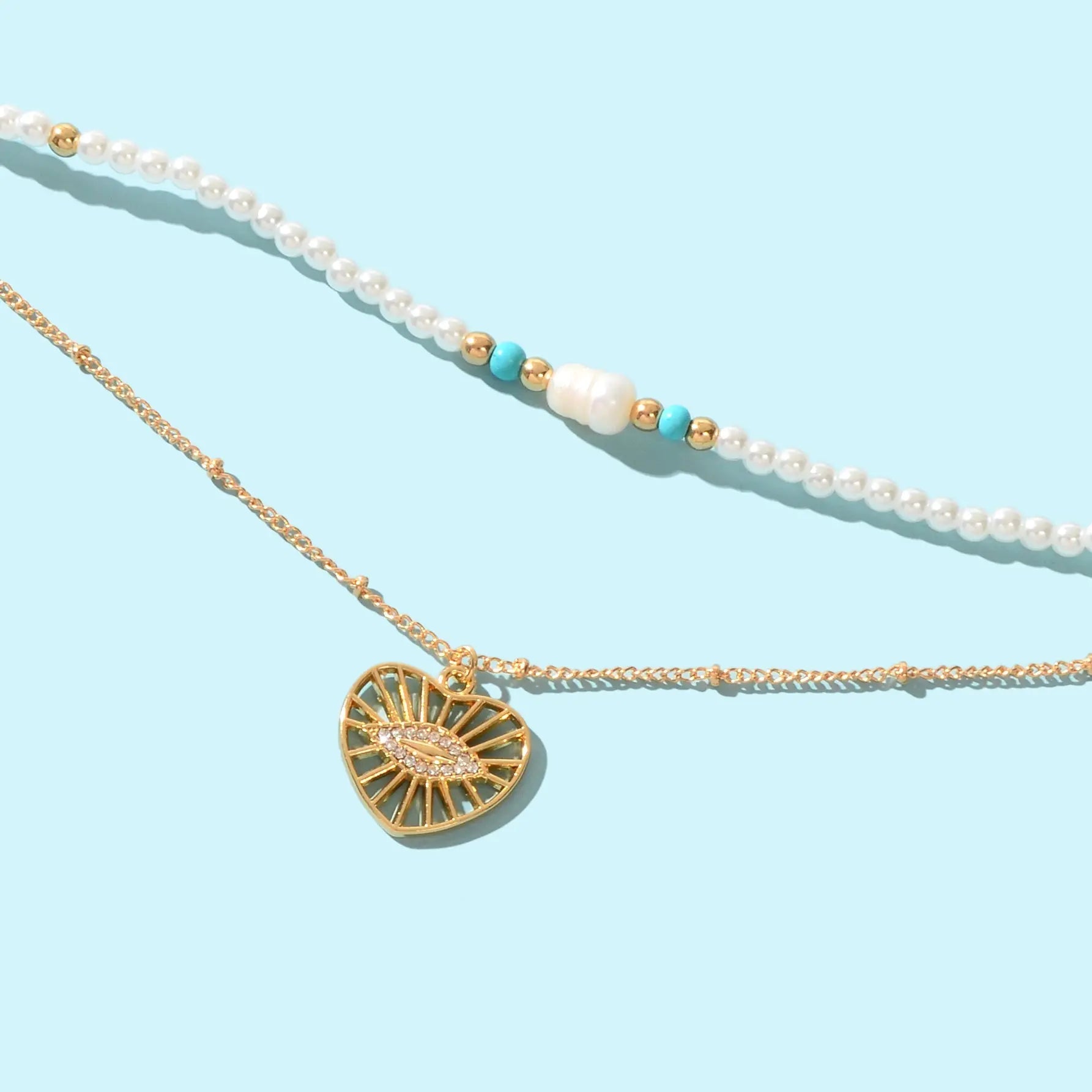 Boho Chic Layered Gold Pearl Beaded Chain Eye Hollow Gold Heart Pendant Necklace Feelontop Jewellery