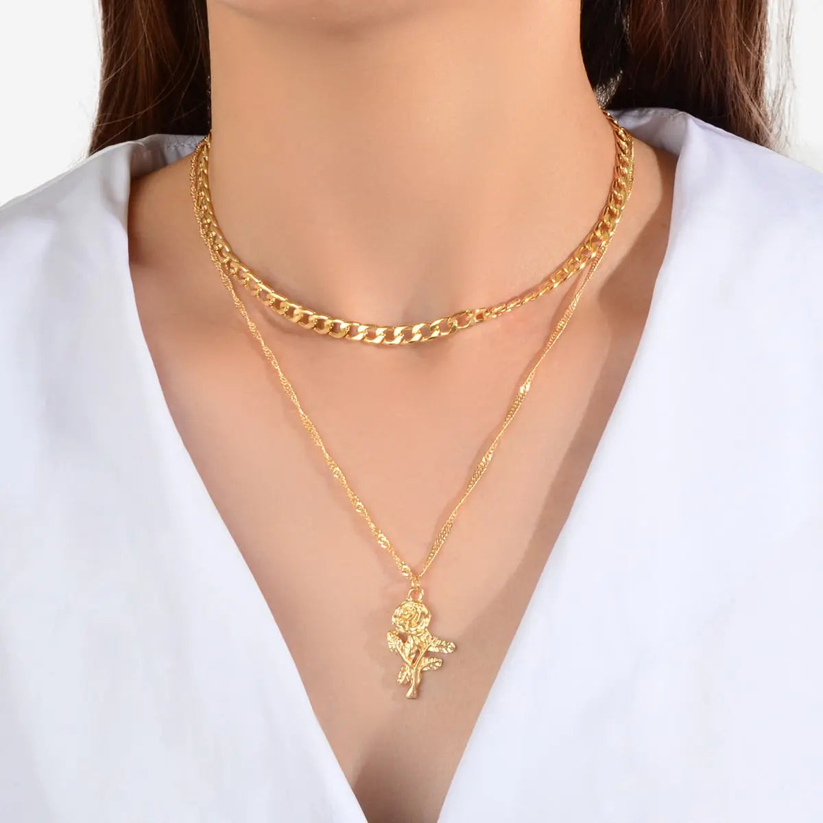 Female Jewelry Double layer Gold Chain Flower Pendant Necklace Women Accessories Feelontop Jewellery