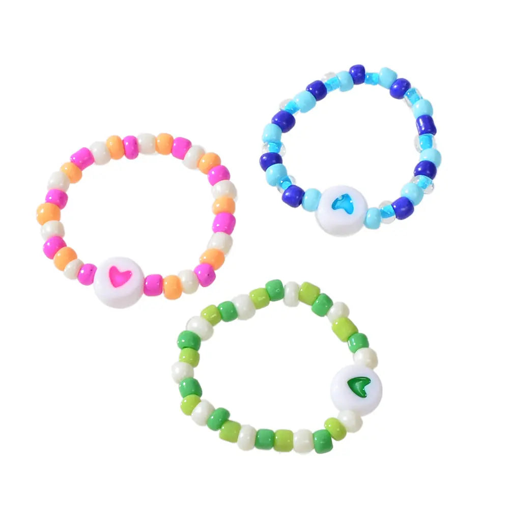 3pcs Colorful Bead Elastic Heart Pattern Multiple Stackable Midi Finger Ring Set Feelontop Jewellery