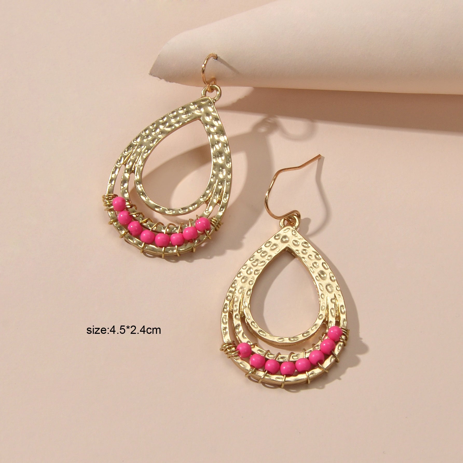 Ethnic Hotpink Beads Handmade Hollow Water Drop Bohemian Traditional Earrings Feelontop Jewellery