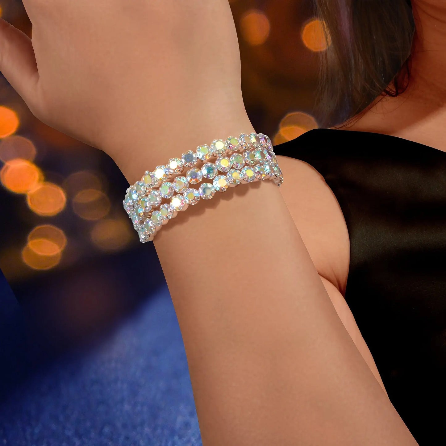 Luxurious Sparkling Zircon Decor Silver Layered Bracelets Bangle Wedding Jewelry Feelontop Jewellery