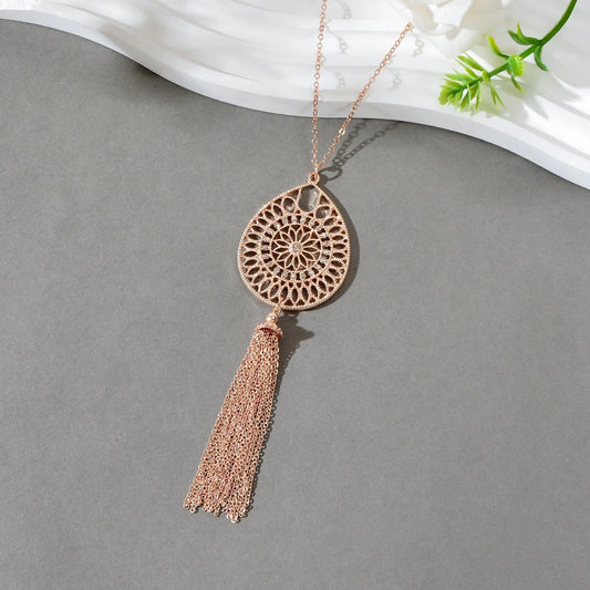 Fashion Rhinestone Decor Carved Hollow Flower with Chain Tassel Long Necklace Feelontop Jewellery