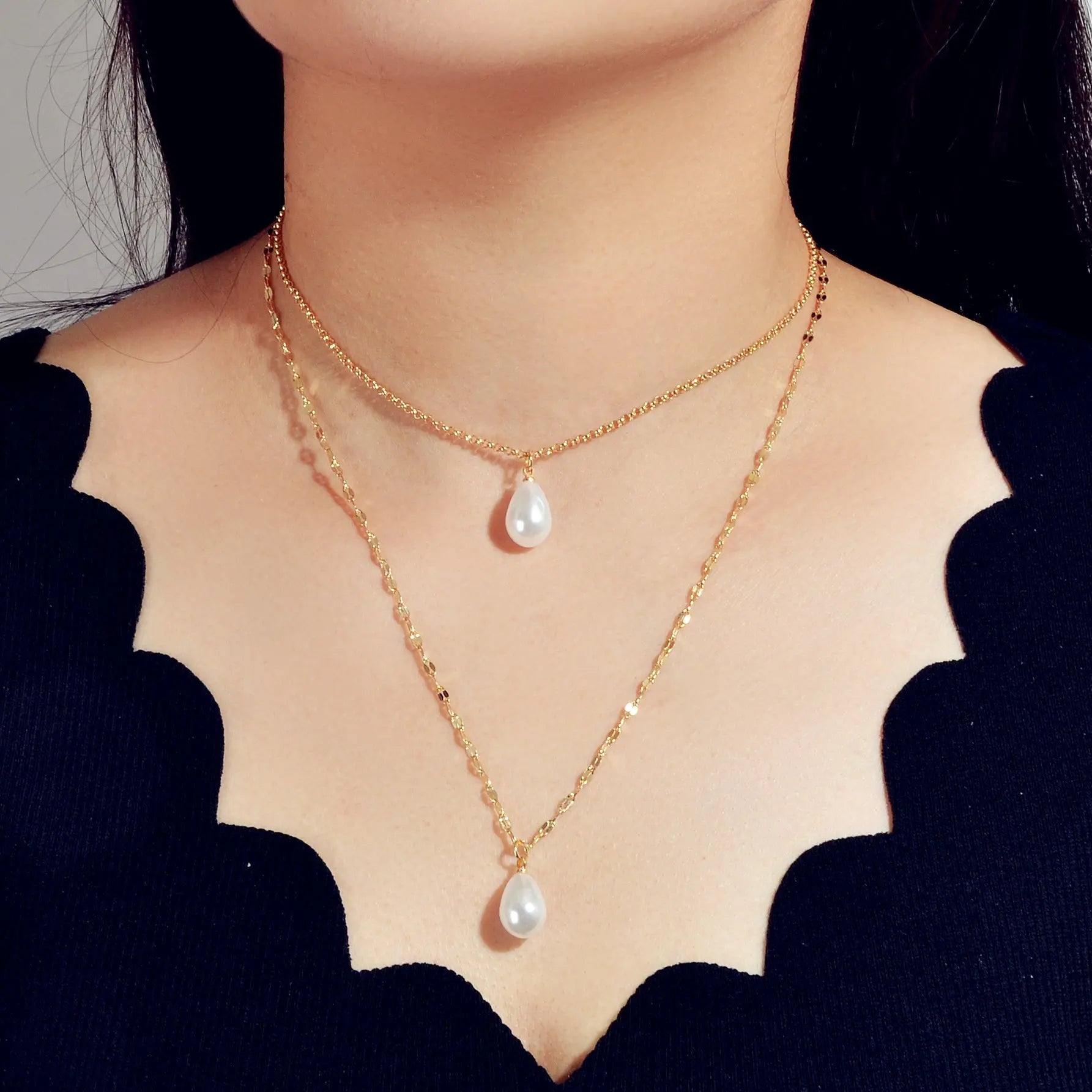 Fashion Double-layer Gold Chain Imitation Pearl Pendant Necklace Gift Jewelry Feelontop Jewellery