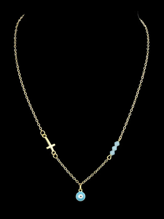 Boho Chic Chain Blue Beads Cross Round Eye Charm Necklace Girls Ethnic Jewellery Feelontop Jewellery