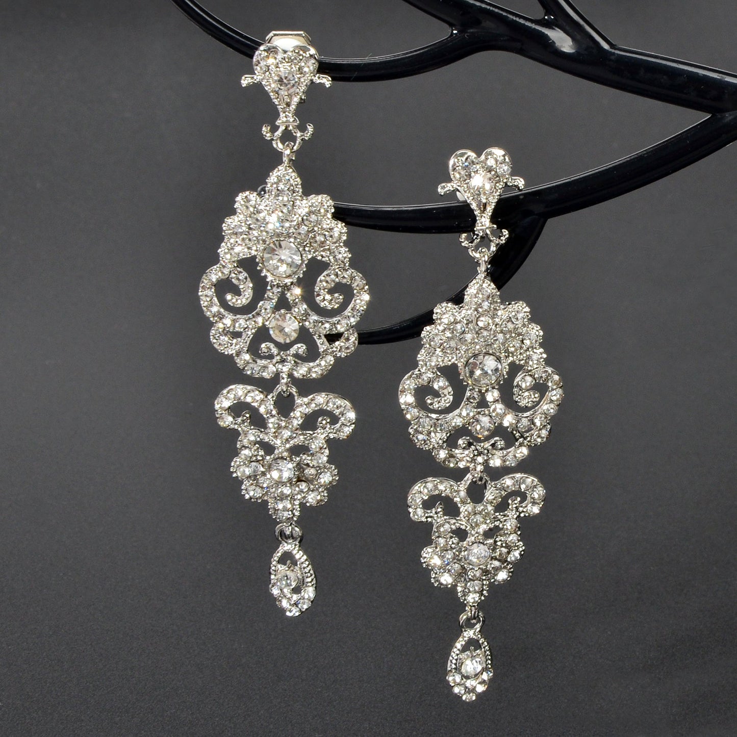Luxury Rhinestones Silver Hollow Carving Pendant Earrings Banquet Wedding Jewellery Feelontop Jewellery