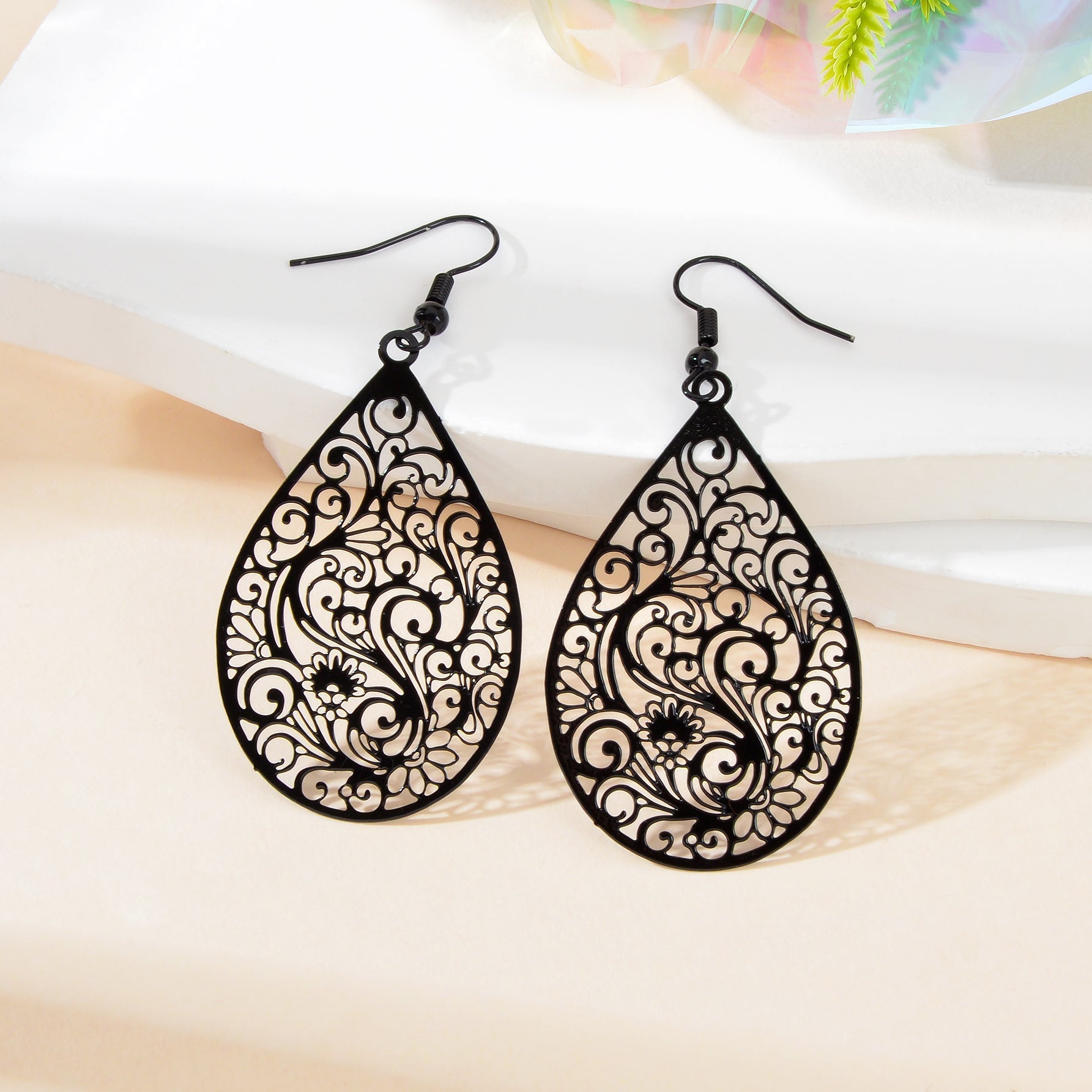 Retro Hollow Black Flower Pattern Water Drop Earrings Party Daily Prom Jewelry Feelontop Jewellery