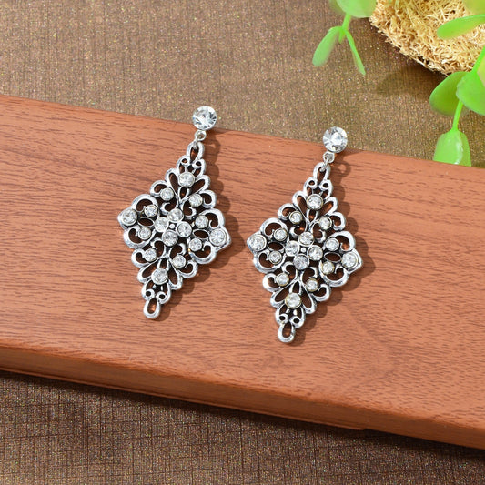Vintage Rhinestone Decor Antique Silver Hollow Geometric Rhombus Dangle Earrings Feelontop Jewellery